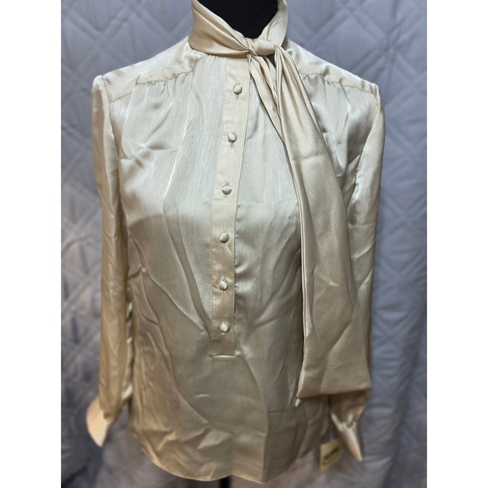 St John Vintage  Bow Blouse Bone Cream Satin Button Front‎ Tie Neck Top